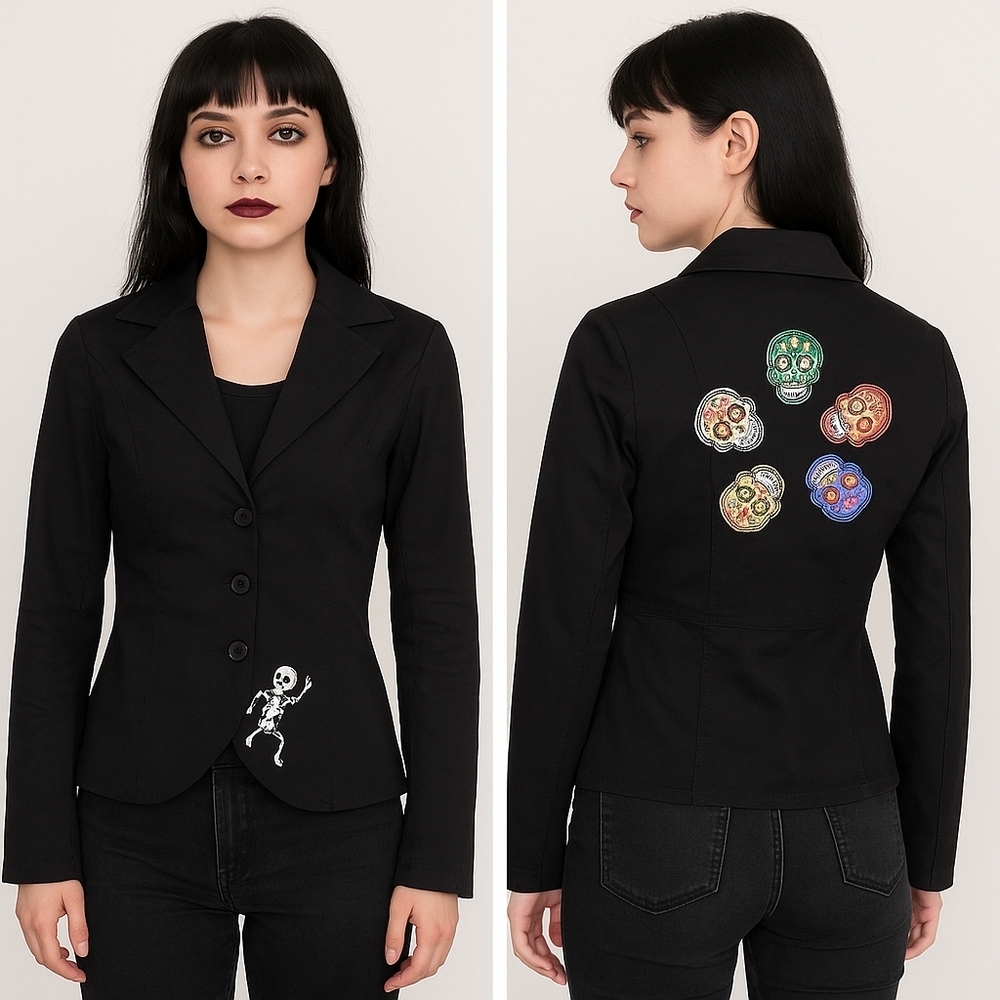 Handcrafted Black Denim Jacket with Sugar Skull Patch Art Size M